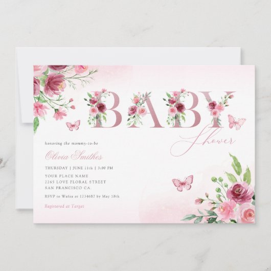 Boho Blush Pink Waterverf Floral Girl Baby shower Kaart (Voorkant)