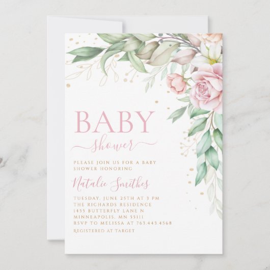 Boho Blush Pink Waterverf Floral Girl Baby shower Kaart (Voorkant)