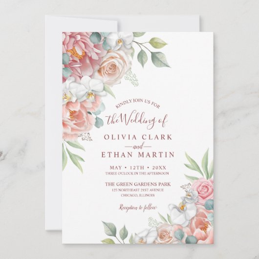 Boho Blush Pink Waterverf Floral Wedding Invitati Kaart (Voorkant)