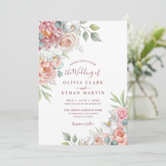 Boho Blush Pink Waterverf Floral Wedding Invitati Kaart (Staand voorkant)
