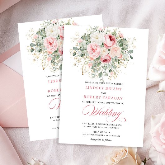 Boho Blush Pioenrozen Gouden Bloem Bruiloftsinvita Kaart