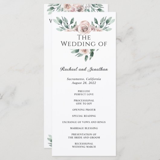 Boho Blush Roos Floral Wedding Programme Programmakaart (Voorkant / Achterkant)