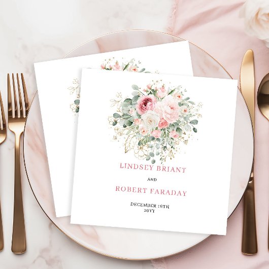 Boho Blush Roses Eucalyptus Gold Wedding Napkins Servet