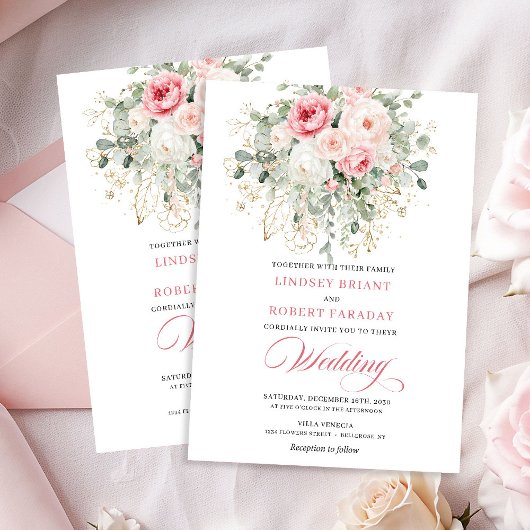 Boho Blush Roses Gold Floral Wedding Invitation Kaart