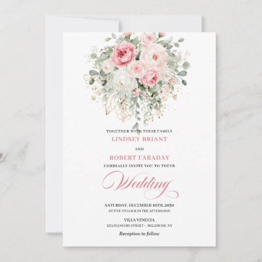 Boho Blush Roses Gold Floral Wedding Invitation Kaart (Voorkant)