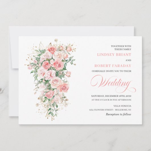 Boho Blush Roses Greenery Gold Wedding Invitation Kaart (Voorkant)