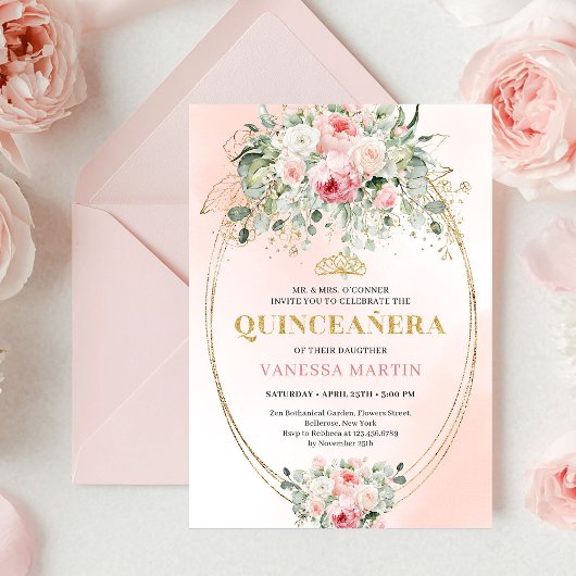 Boho Blush Roses Greenery Quinceañera Invitation Kaart