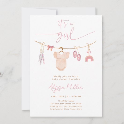 Boho Blush Roze Babykleding Meisje Baby shower Kaart (Voorkant)