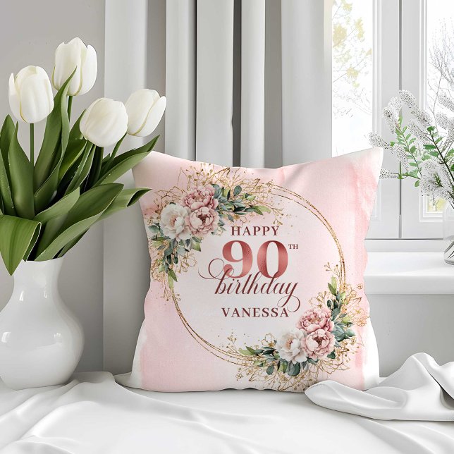Boho Blush Roze Bloem 90ste Verjaardag Kussen (Boho Blush Pink Floral 90th Birthday Pillow)