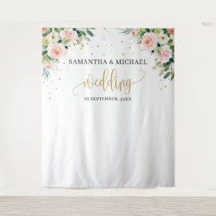 Boho blush roze bloem goud groene trouw achtergron wandkleed