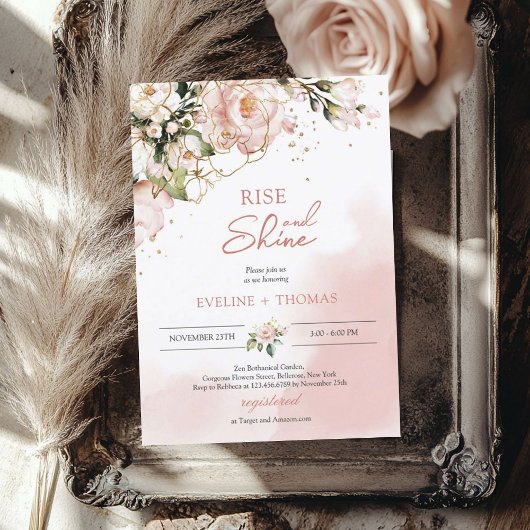 Boho blush roze bloem goud opstaan en schijnen bru kaart