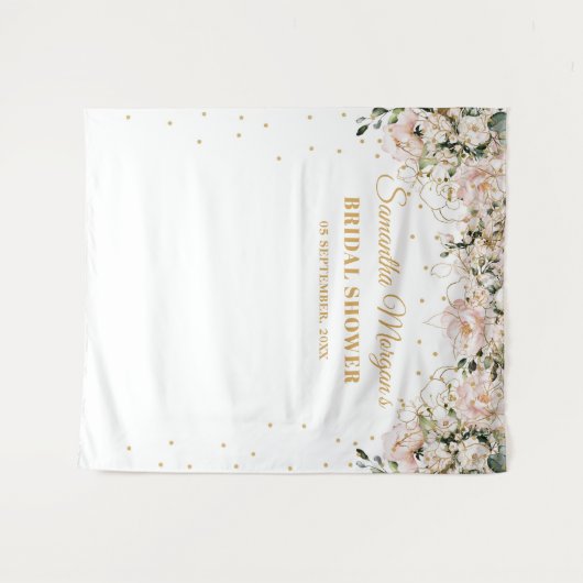 Boho blush roze bloem gouden bladeren bruidsdouche wandkleed (Voorkant (horizontaal))