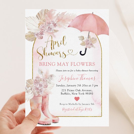 Boho Blush Roze Bloemen April Showers Baby shower Kaart