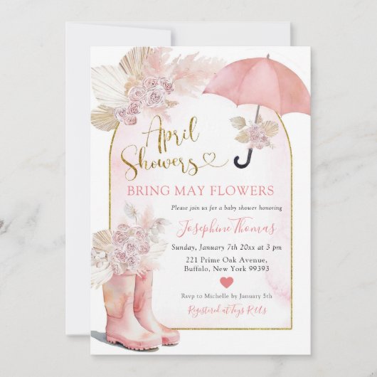 Boho Blush Roze Bloemen April Showers Baby shower Kaart (Voorkant)