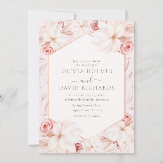 Boho Blush Roze Bloemen Bruiloft Uitnodiging (Voorkant)