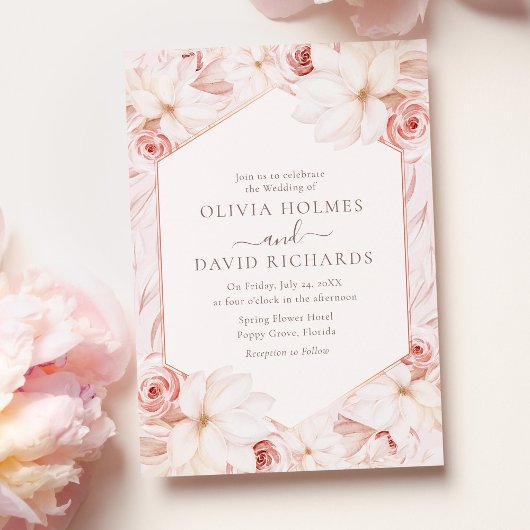 Boho Blush Roze Bloemen Bruiloft Uitnodiging