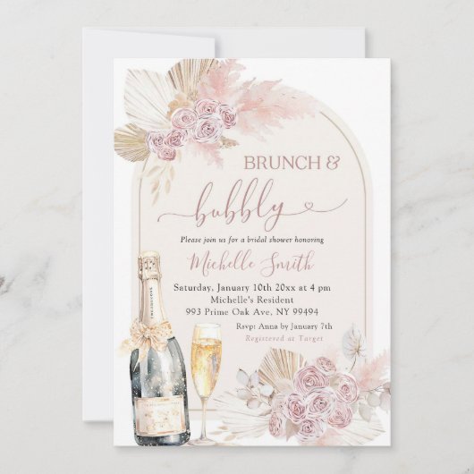 Boho Blush Roze Bloemen Brunch Bubble Vrijgezellen Kaart (Voorkant)