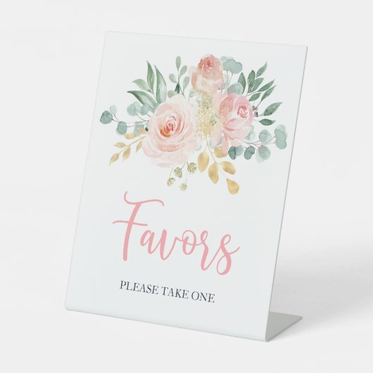 Boho Blush Roze Bloemen Douche Favorieten Sign Reclamebord Met Voetstuk (Voorkant)
