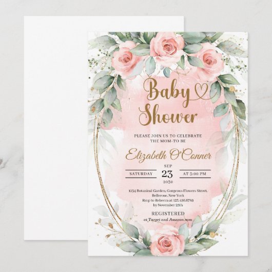 Boho blush roze bloemen en eucalyptus gold lijst kaart (Voorkant / Achterkant)