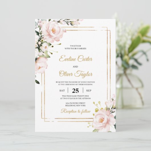 Boho Blush roze bloemen en goud glitter elegant Kaart (Staand voorkant)