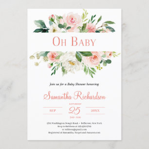 Boho Blush Roze Bloemen en Groen Modern Baby Kaart