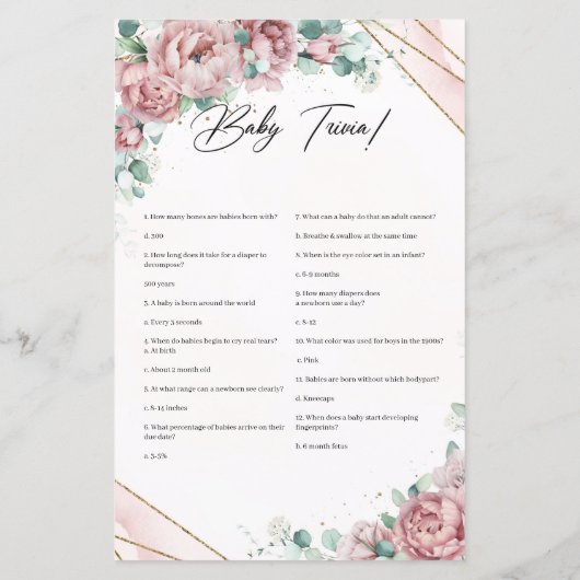 Boho blush roze bloemen eucalyptus Baby trivia (Achterkant)