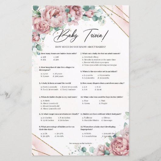 Boho blush roze bloemen eucalyptus Baby trivia (Voorkant)