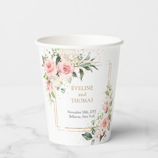 Boho Blush roze bloemen eucalyptus gouden bruiloft Papieren Bekers (Achterkant)