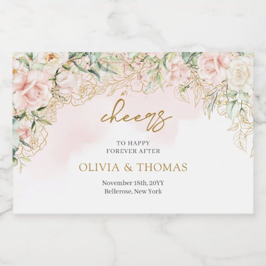 Boho Blush roze bloemen eucalyptus gouden bruiloft Sparkling Wijnetiket (Enkel label)