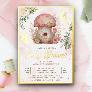 Boho Blush Roze Bloemen Fairy Baby shower Goud Folie Uitnodiging