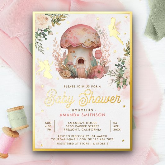 Boho Blush Roze Bloemen Fairy Baby shower Goud Folie Uitnodiging