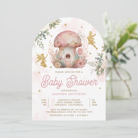 Boho Blush Roze Bloemen Goud Sprookjesboog Baby sh Kaart (Staand voorkant)