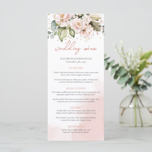 Boho Blush Roze Bloemen Rozen Bruiloft Menu Modern (Staand voorkant)