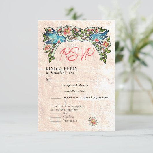 Boho Blush Roze Bloemen Storybook Bruiloft RSVP Kaartje (Staand voorkant)