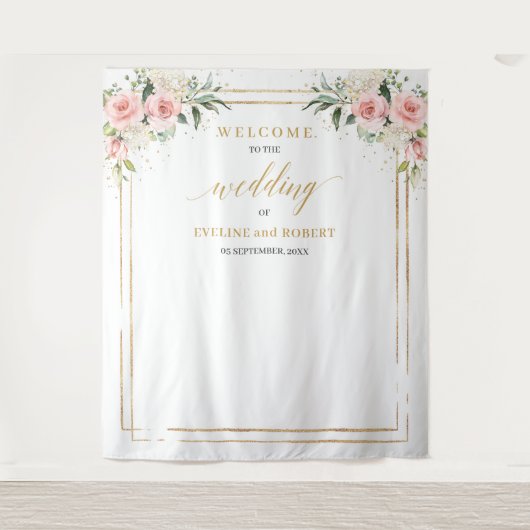 Boho Blush roze bloemeneucalyptus goud Bruiloft Wandkleed (Voorkant)