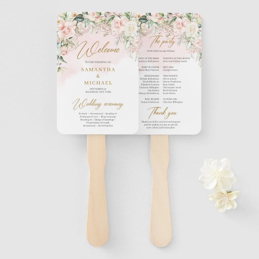 Boho Blush roze bloemeneucalyptus gouden programma Handwaaier (Voorkant en achterkant)
