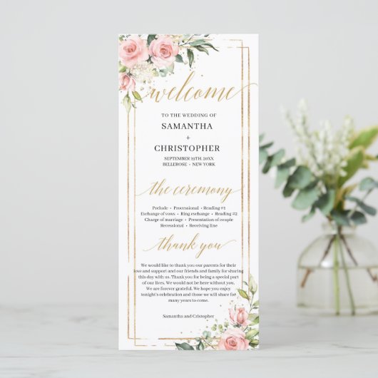 Boho Blush roze bloemeneucalyptus gouden programma Programmakaart (Staand voorkant)