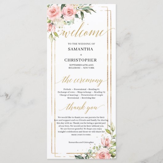 Boho Blush roze bloemeneucalyptus gouden programma Programmakaart (Voorkant)