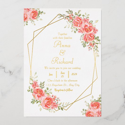 Boho blush roze bloemengoud geometrische chique br folie uitnodiging (Voorkant)