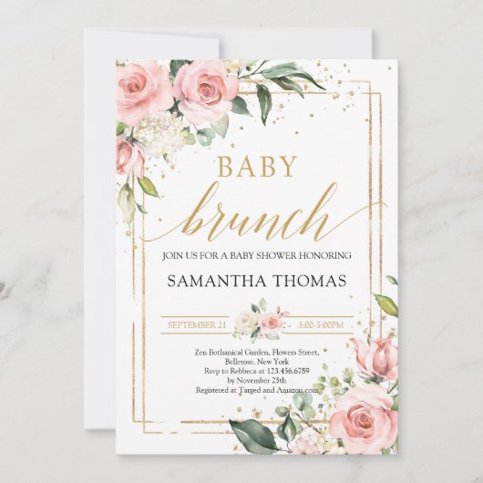 Boho blush roze bloemengoud glitter baby brunch kaart (Voorkant)