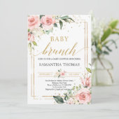 Boho blush roze bloemengoud glitter baby brunch kaart (Staand voorkant)