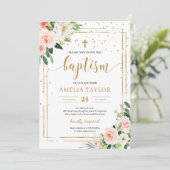 Boho blush roze bloemengoud glitter doop kaart (Staand voorkant)