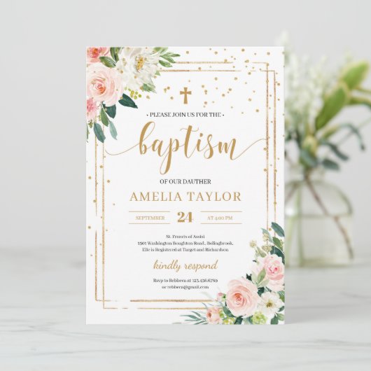 Boho blush roze bloemengoud glitter doop kaart (Staand voorkant)