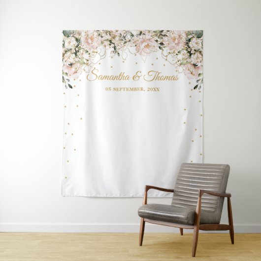 Boho blush roze bloemengouden bladeren boho bruilo wandkleed (In situ)