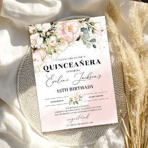 Boho blush roze bloemengouden bladeren quinceanera kaart