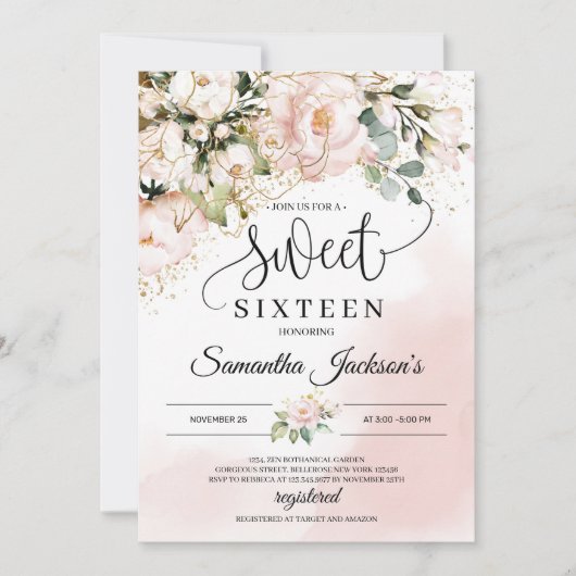 Boho blush roze bloemengouden bladeren zoet zestie kaart (Voorkant)