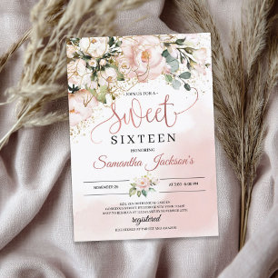 Boho blush roze bloemengouden bladeren zoet zestie kaart