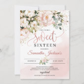 Boho blush roze bloemengouden bladeren zoet zestie kaart (Voorkant)