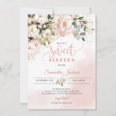 Boho blush roze bloemengouden bladeren zoet zestie kaart (Voorkant)