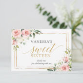Boho Blush roze bloemengouden glitter 16e verjaard Bedankkaart (Staand voorkant)